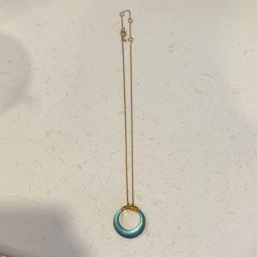 Alexis Bittar Lucite Circle Elegant Gold and Blue Pendant Necklace